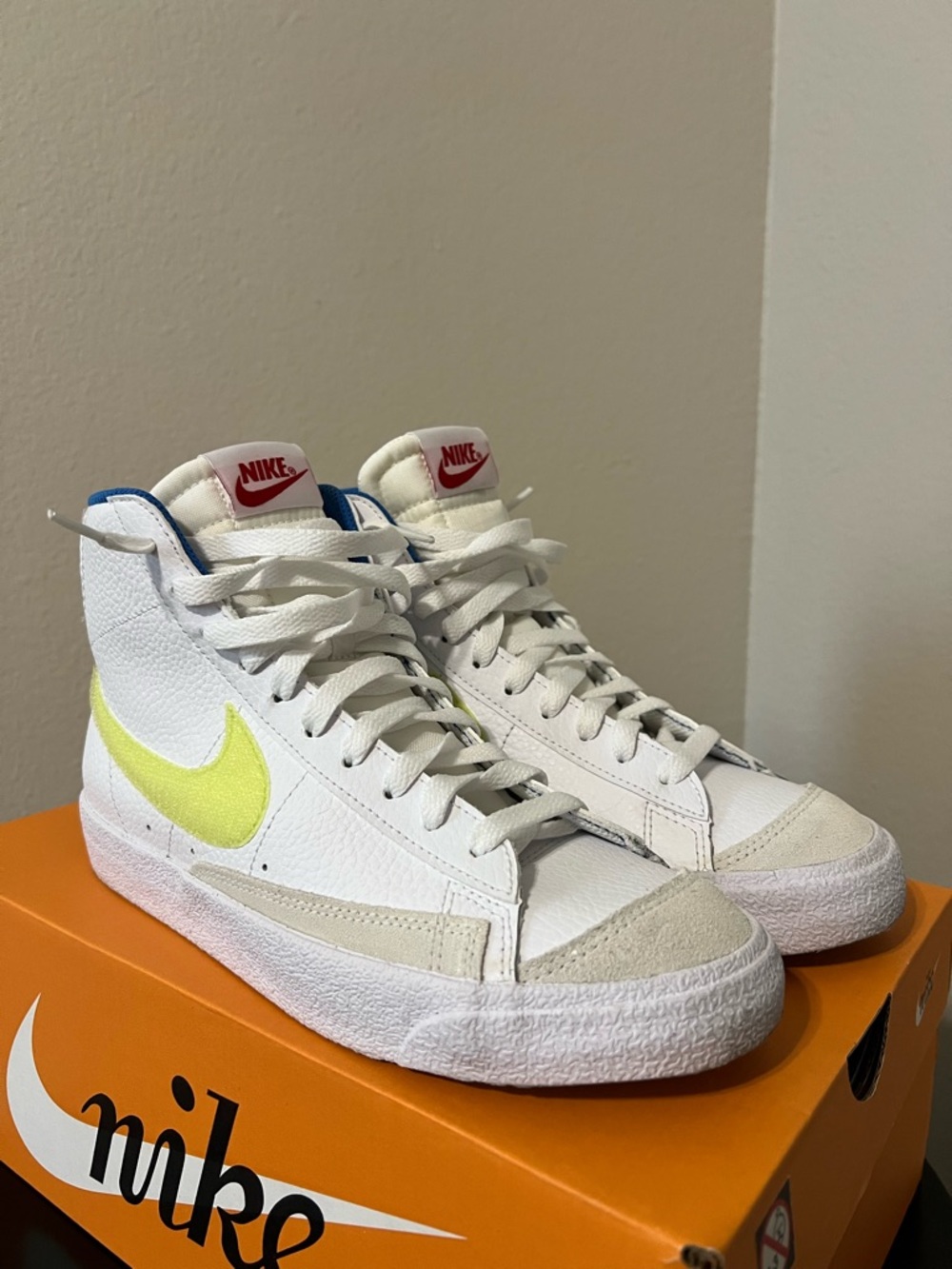 Nike White High-Top Sneakers with Pale Lime Swoosh - Picture 2 of 9